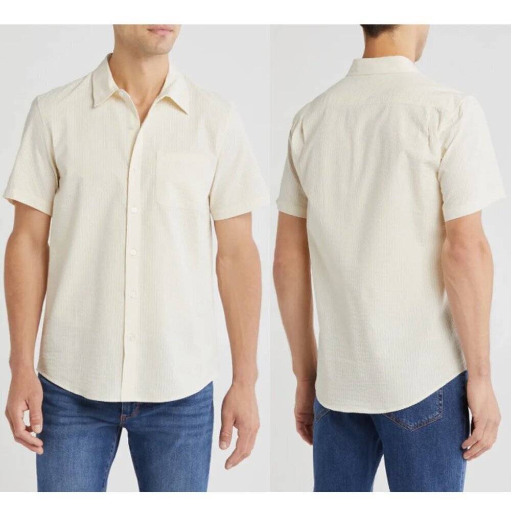 NWT New $148 Joe's Cotton Seersucker Short Sleeve Button-Up Ecru Shirt Size L